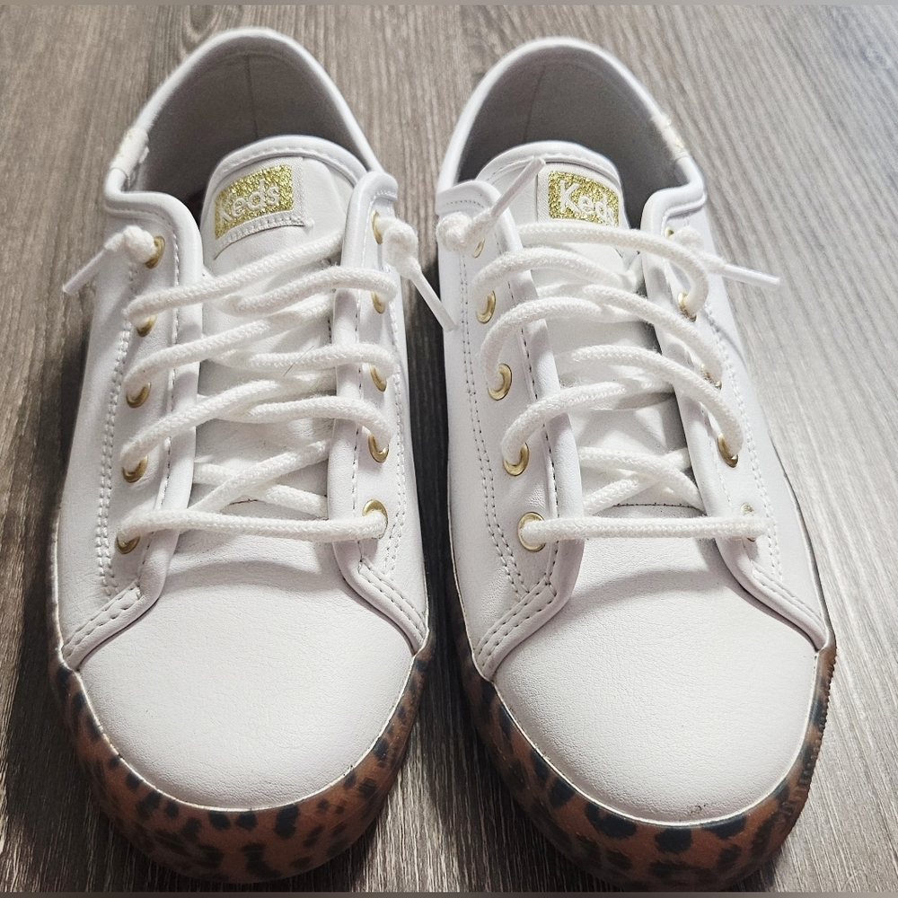 Girls Keds Special Edition white/gold leopard sneakers size 3M.